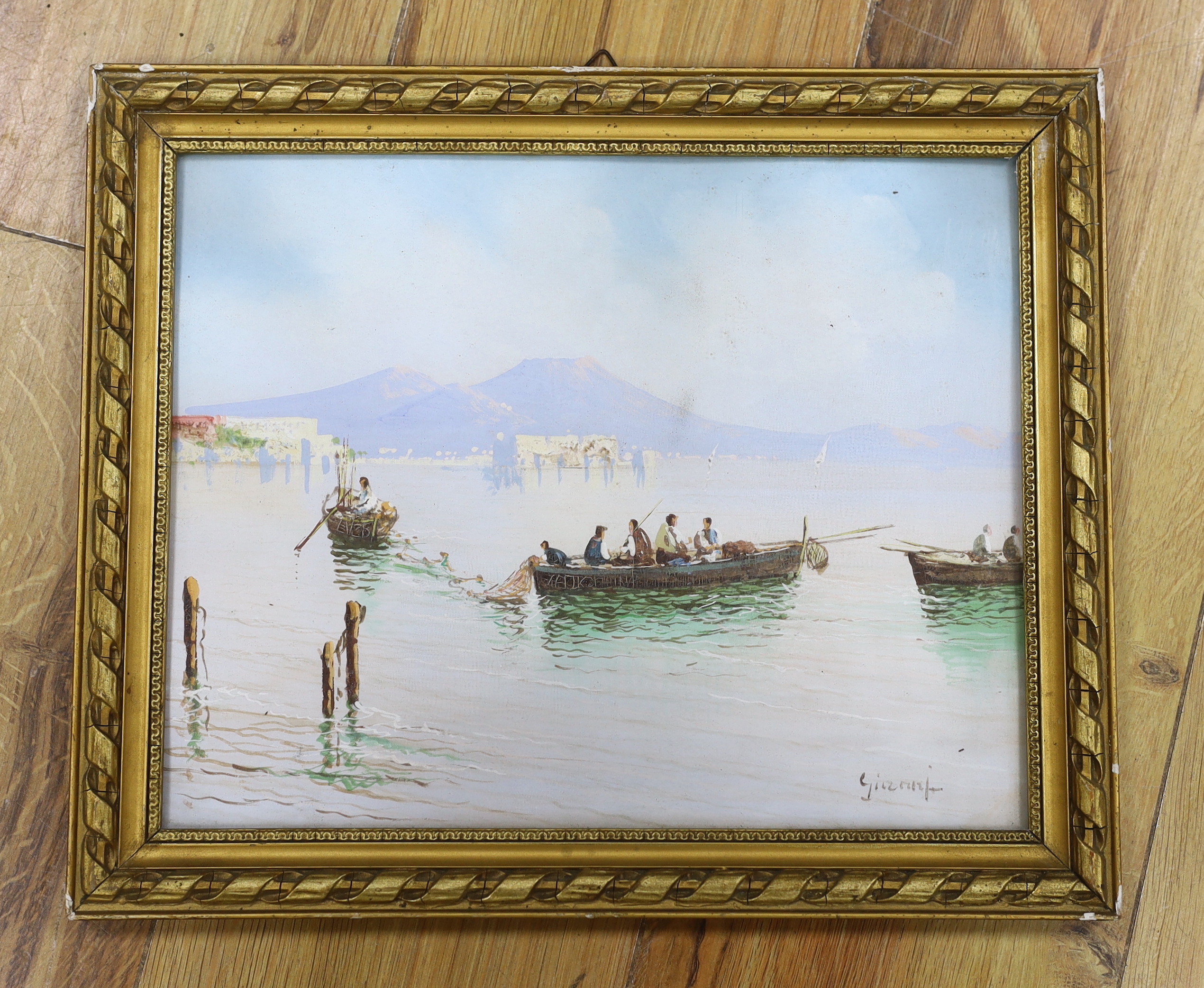 Gianni, gouache, Fishing boats with Vesuvius beyond, signed, 23 x 29cm